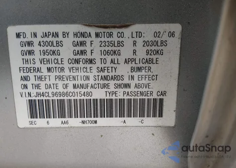 2006 Acura Tsx из США, поврежденный, VIN JH4CL96986C015480